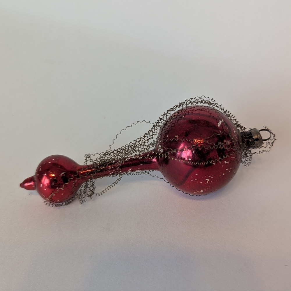 Rare Vintage Mercury Glass Drop Ornament w/ Crimped Tinsel • 4” Pink Double-End